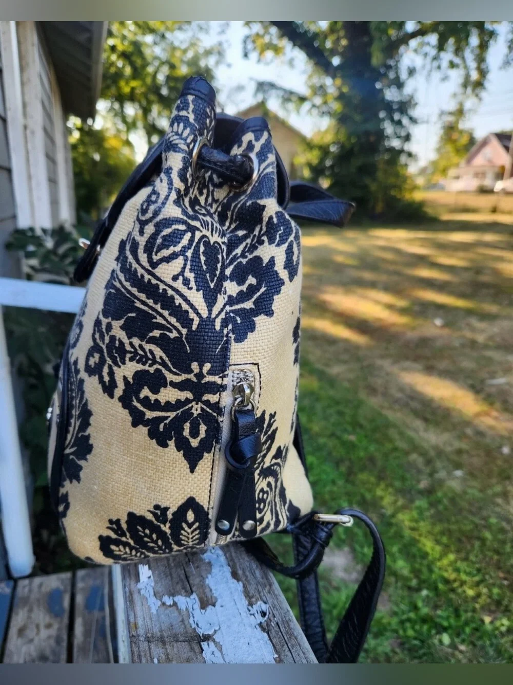 Spartina 449 linen/leather mini backpack black/natural cream damask pattern